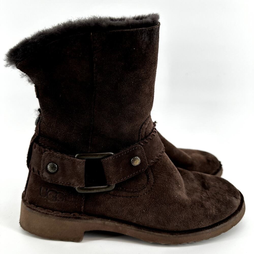 UGG Cedric Winter Boots Twinface Sheepskin Leather Cuffed Buckle Dark Brown 6 - Picture 3 of 9